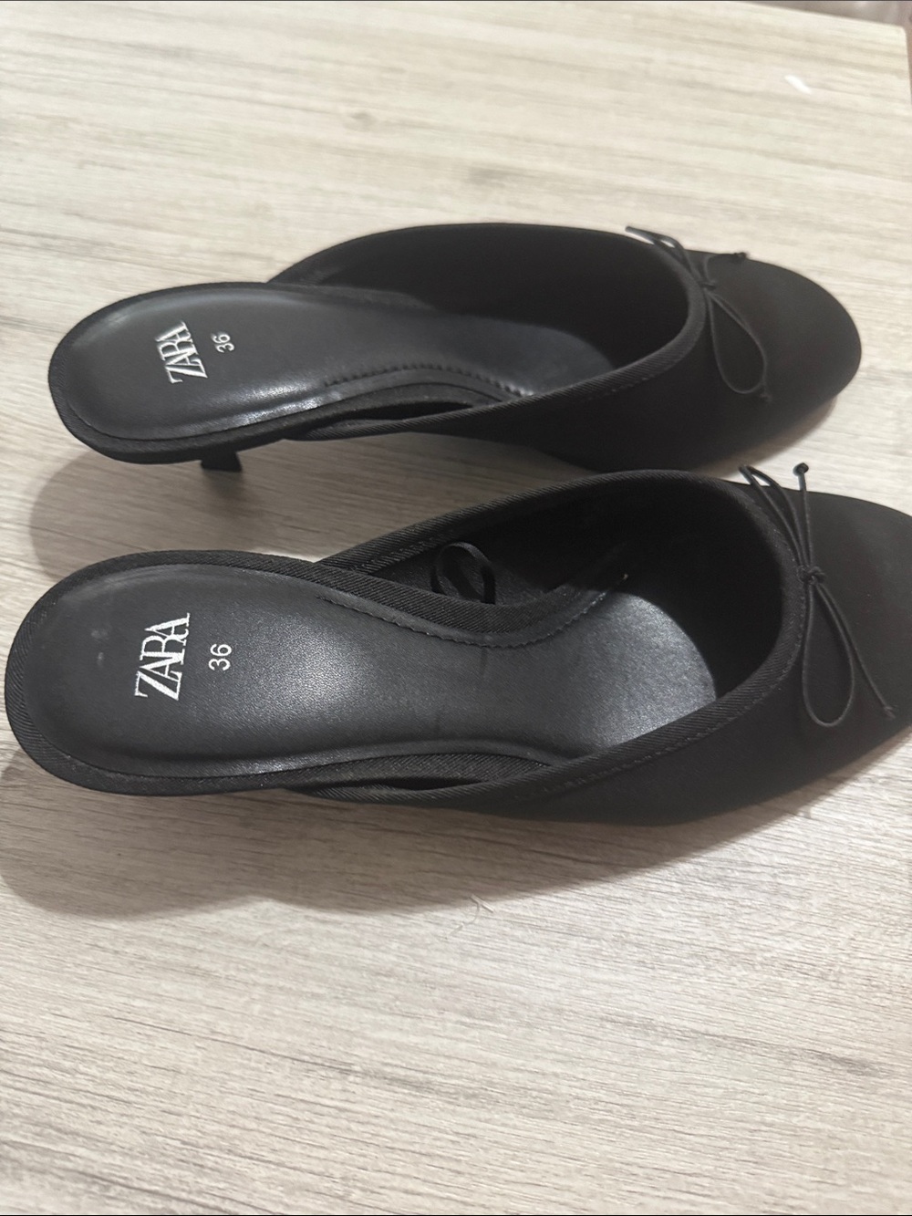 Zara Black Kitten Heel Mules with Bow Detail